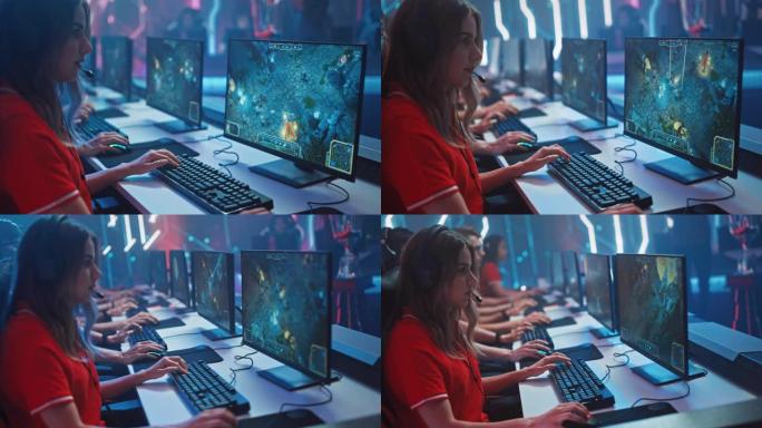 职业女孩玩电脑游戏在锦标赛上玩RPG策略。专业游戏玩家组成的多元化Esport团队在模拟视频游戏中进