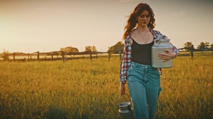 SLO MO年轻女子在日落时在牧场上携带两个牛奶罐