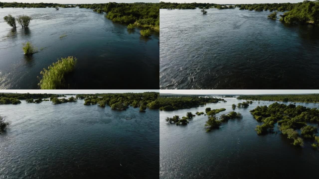 空中飞越巨大的赞比西河，流向联合国教科文组织世界遗产维多利亚瀑布
