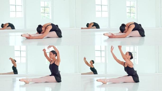 伸展双腿，训练和芭蕾舞演员在工作室练习热身。健身，运动和芭蕾舞演员在舞蹈课地板上进行伸展，灵活和平衡