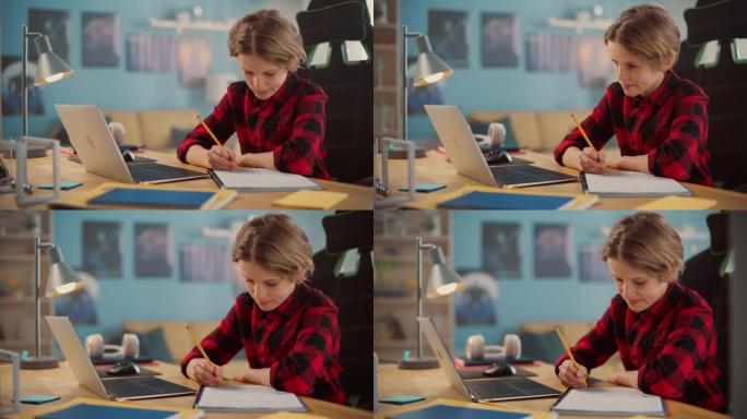 穿着方格衬衫的聪明小男孩在家舒适的房间里，在笔记本电脑上参加在线课程。快乐少年在线浏览教育研究，笔记
