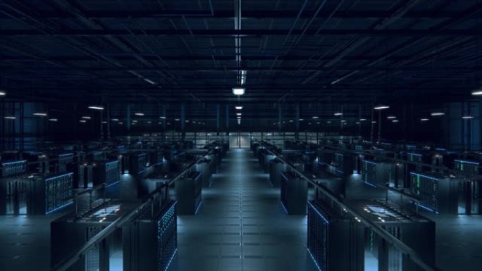现代数据技术中心服务器机架在黑暗设施中工作。物联网、大数据保护、存储、加密货币场、云计算的概念。3D