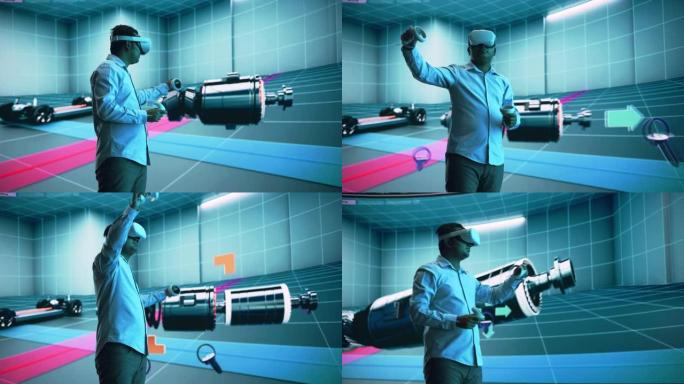 汽车工程师介绍了现代VR软件测试和开发车辆平台。工程师使用耳机和控制器在舞台上的大屏幕上展示功能。