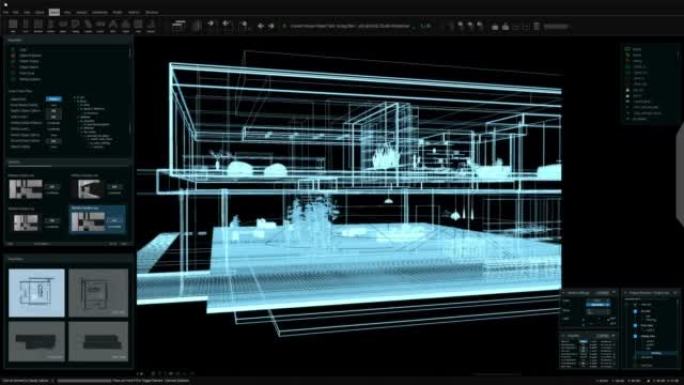 带有室内设计的私人乡间别墅项目的建筑3D软件模拟动画。电脑显示器和笔记本电脑屏幕的暗夜模式界面模板。