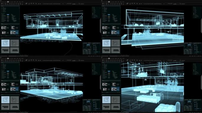 带有室内设计的私人乡间别墅项目的建筑3D软件模拟动画。电脑显示器和笔记本电脑屏幕的暗夜模式界面模板。