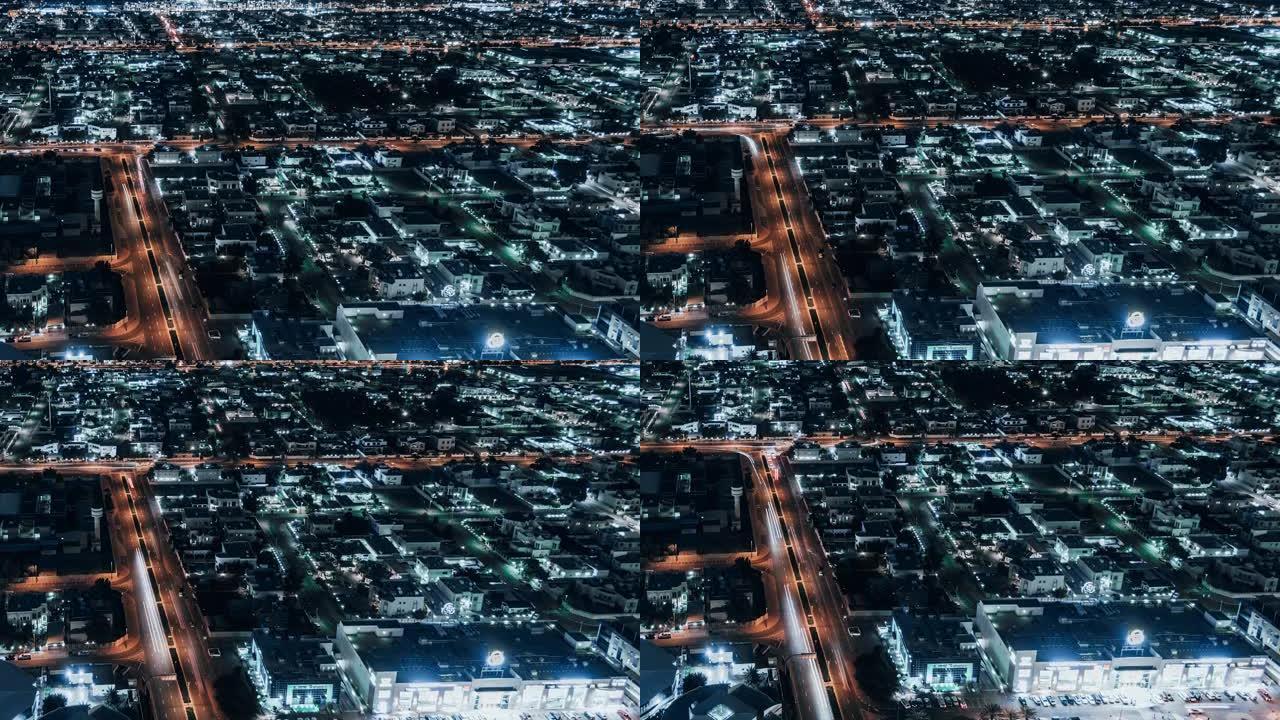 阿联酋迪拜夜间住宅区的T/L TD鸟瞰图