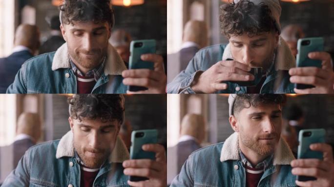 有吸引力的潮人在咖啡馆使用智能手机喝咖啡发短信在社交媒体上分享信息享受移动技术