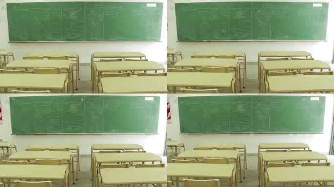 在阿根廷布宜诺斯艾利斯的一所公立学校，用绿色黑板的空教室。4K分辨率。