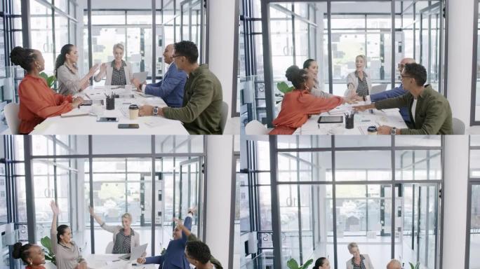 4k视频片段，一群商人在办公室开会时齐心协力