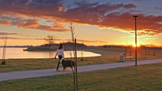 女人与宠物哈士奇狗在湖边草地上的小径上行走