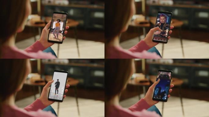 在智能手机上使用社交媒体应用程序的人，观看直播视频。模拟应用程序帖子上的现实提要滚动: 创造力，舞蹈