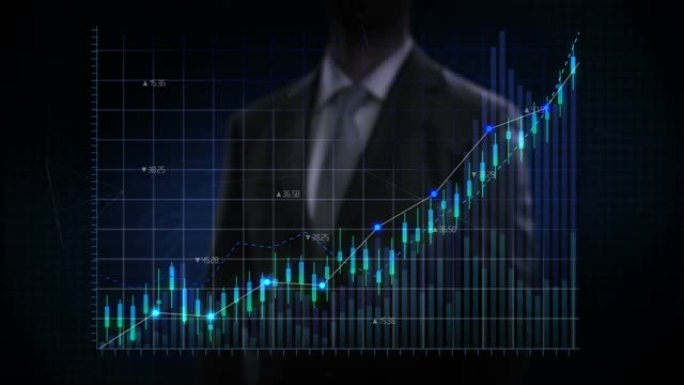 商人向上移动手指，各种动画的股票市场图表和图表。增加蓝线。4k动画。