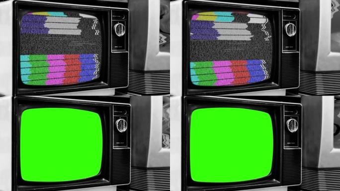 旧电视机打开带彩条的绿色屏幕。特写。黑白色调。全高清。
