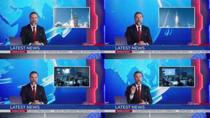现场新闻工作室，主播报道了成功的火箭发射，视频蒙太奇显示太空船起飞，机舱内的宇航员竖起大拇指。太空探