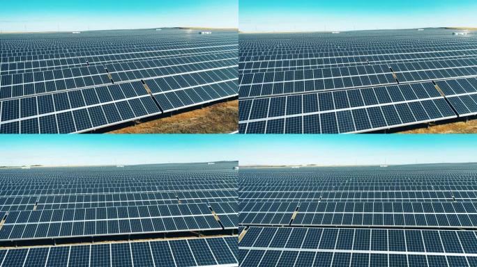 在野外成排安装的太阳能电池。现代太阳能电池板，生态友好型能源生产。