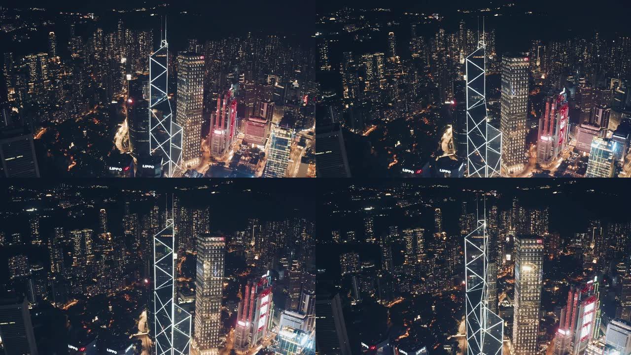 夜间香港城市天际线的无人机景观