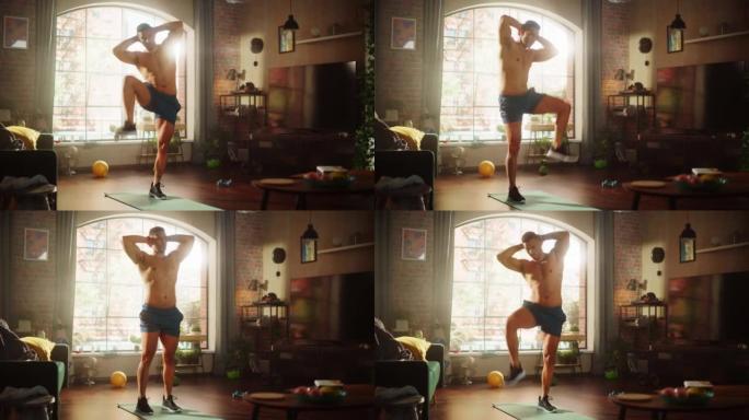 一个强壮的运动黑人男子在家赤膊锻炼的肖像，膝盖到肘部。适合肌肉发达的运动员保持健康，训练，锻炼，出汗