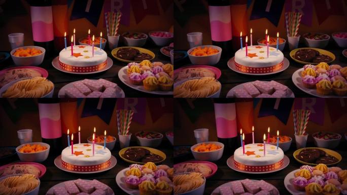生日庆祝桌，配有蛋糕和小吃