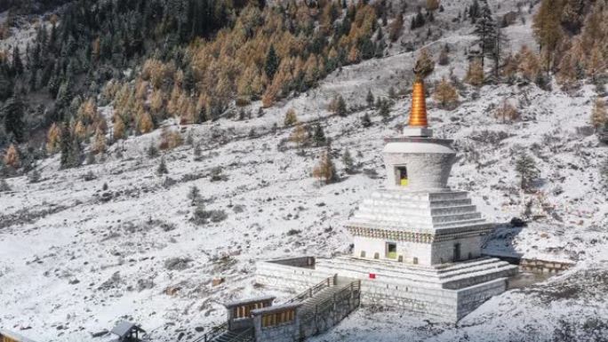 一座宝塔矗立在雪山上五彩缤纷的森林中