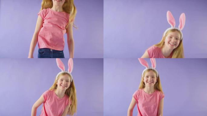 工作室拍摄的女孩戴着兔子耳朵从框架底部跳到紫色背景下-慢动作拍摄