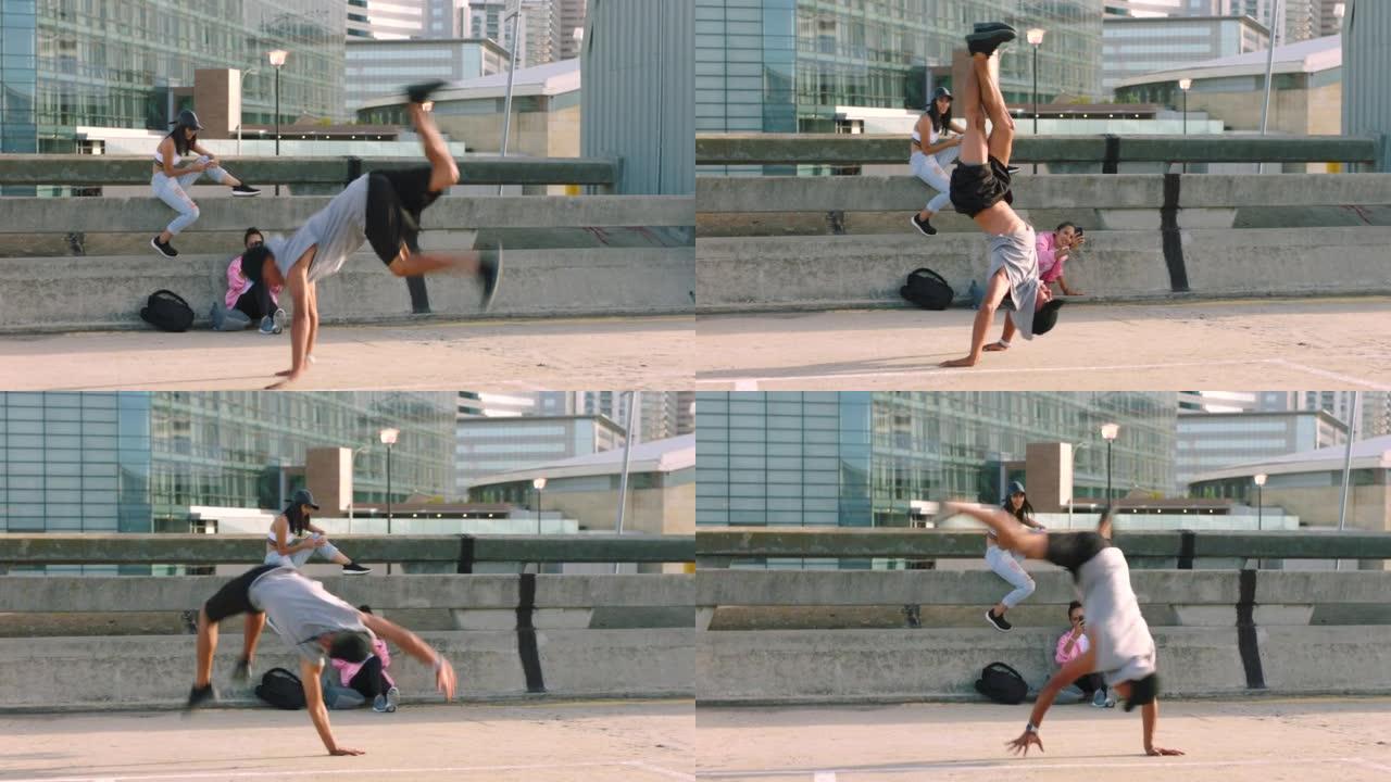 嘻哈舞蹈，电话视频和男子在美国城市街道上跳舞，用于社交媒体应用程序，教程或霹雳舞试镜。女人，公路舞者