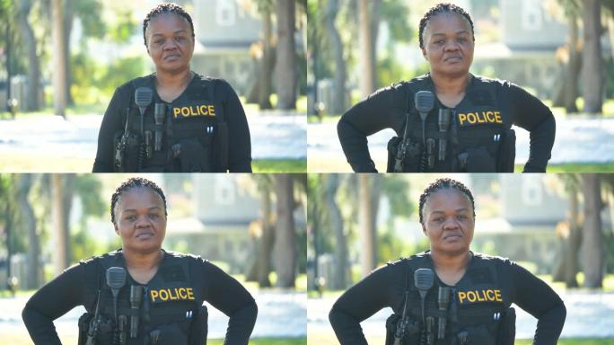 步行巡逻的非裔美国女警
