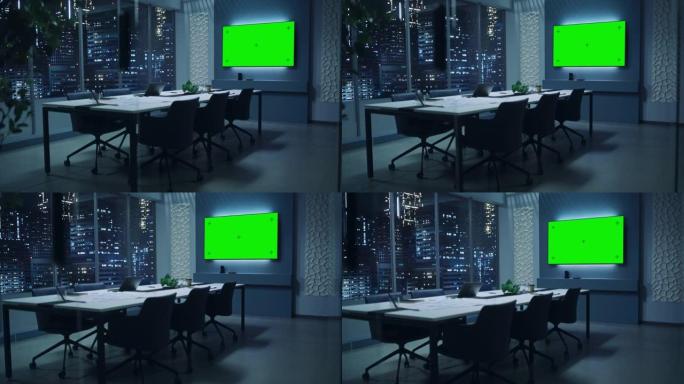 现代化的空会议室，有大会议桌，上面放着各种文件和笔记本电脑。墙壁电视显示绿色色度键屏幕模拟显示模板。