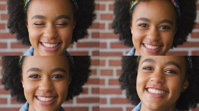 黑人妇女，脸和微笑肖像与砖墙背景在城市的自由，放松或幸福户外。年轻的非洲女孩，快乐的面部表情和平静的