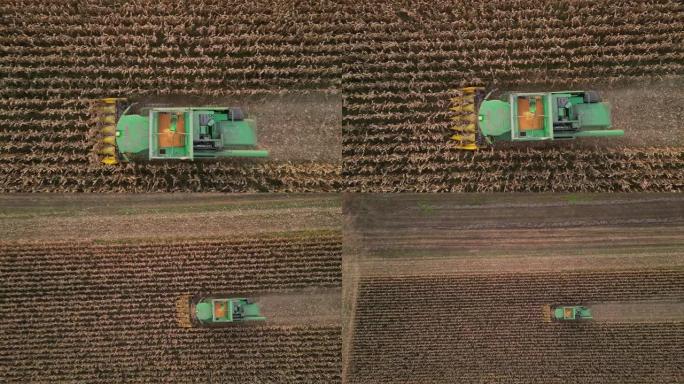 AERIAL联合收割机在田地中央收割玉米