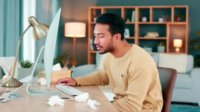 男人在电脑上工作和在家工作时感到恶心和疲倦。过度劳累的自由企业家在患感冒或流感病毒时睡着并昏倒在办公