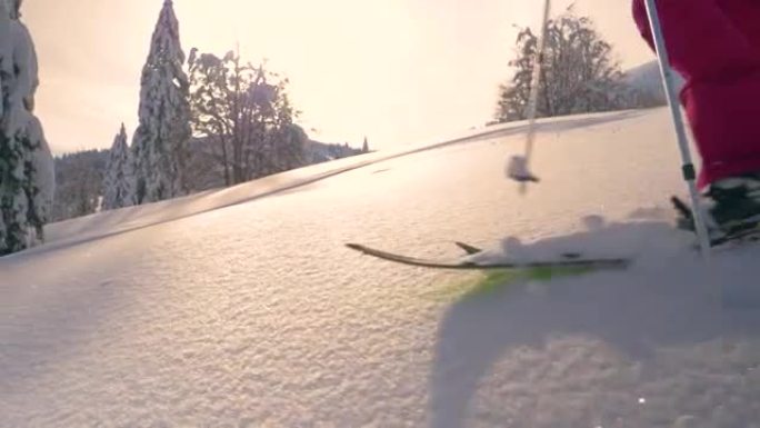 复制空间: 金色日落时分，无法识别的女人在深深的粉末雪中滑雪之旅。