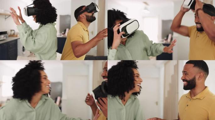 游戏，虚拟现实和耳机配对玩虚拟现实在线游戏。未来的乐趣，家庭互动技术的黑人男女，增强现实视频中的未来