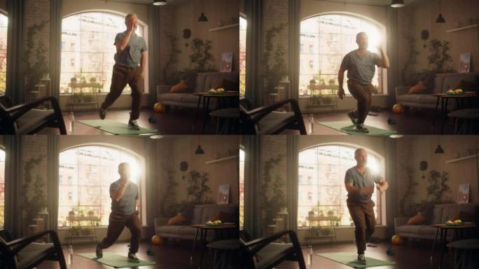 强壮的运动健身中年男子在阳光公寓的家中晨练时做有氧运动核心和膝盖强化练习。健康的生活方式、健身、娱乐