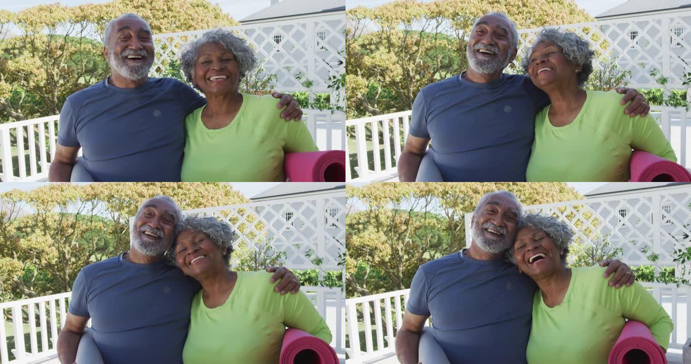 快乐的非洲裔美国老年夫妇在露台上拿着瑜伽垫的动画