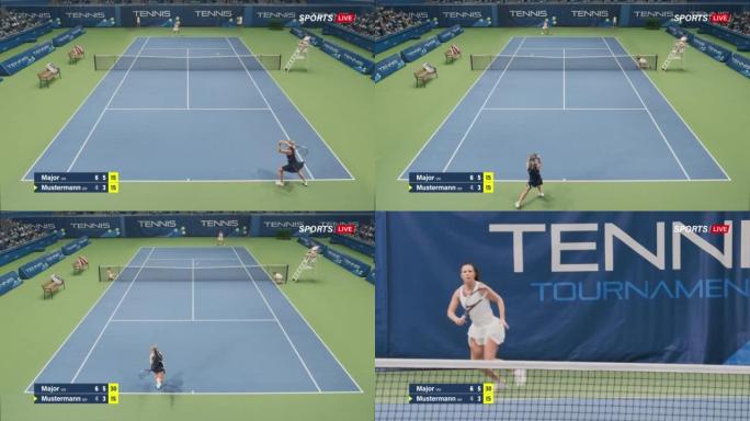 网球锦标赛比赛体育电视转播蒙太奇。两名女子网球运动员在比赛。参加锦标赛的职业女子运动员。网络直播频道