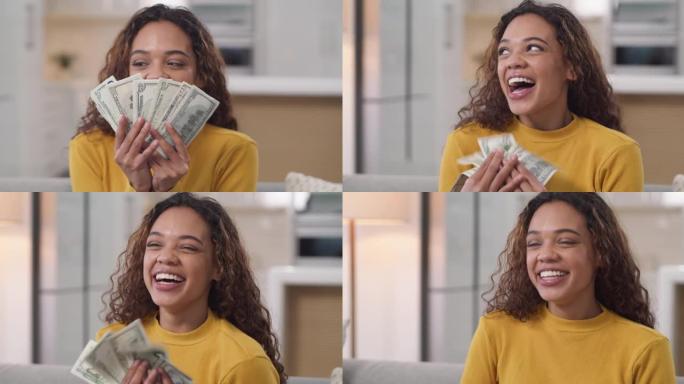 4k视频片段，一名年轻女子数钱并在家中庆祝