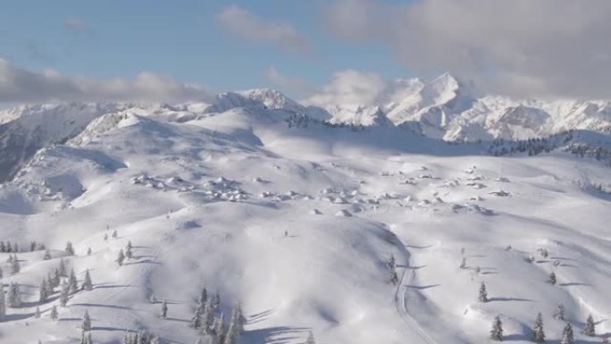 空中: 新鲜的积雪覆盖了Velika Planina的山脉和乡村景观。