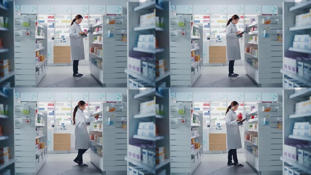 药店药店: 美丽的中国药师使用数字平板电脑，检查库存的药品，药品，维生素，保健品在一个货架上。制药商