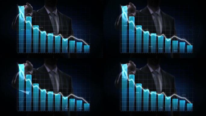 商人向上移动手指，各种动画股票市场图表和条形图。减少蓝线。4k动画。