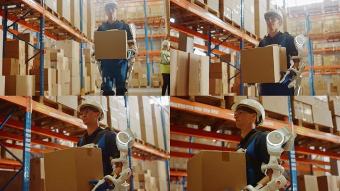 高科技未来派仓库: 工人穿着先进的全身动力外骨骼，带着沉重的纸箱行走。送货外衣放大了人的力量。提升小