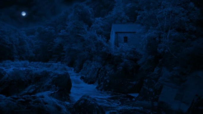 夜间乡村景观河边建筑