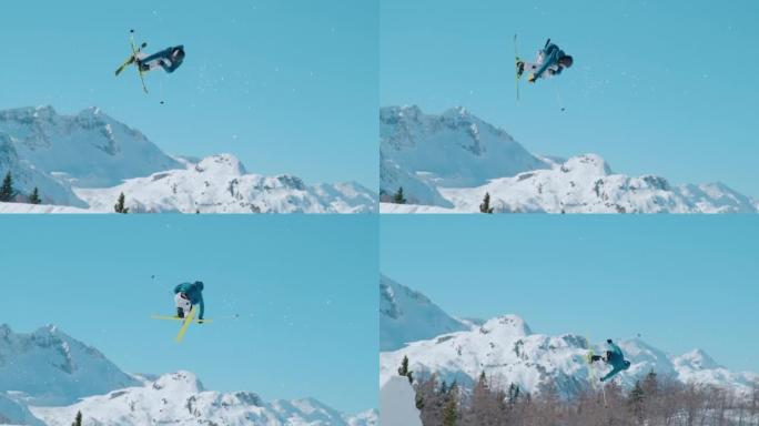 慢动作: 自由式滑雪者在跳跃踢脚时做戏的惊人景象