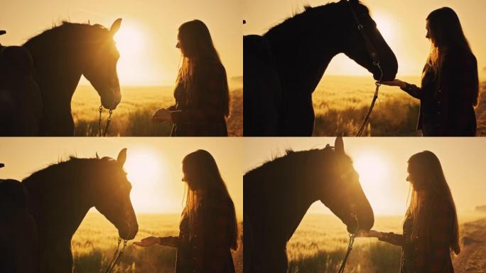 SLO MO女人在日落时沿着麦田喂马