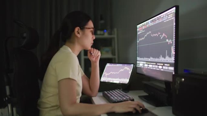 家庭办公室的女人在使用计算机时在计算机屏幕上查看股票市场数据