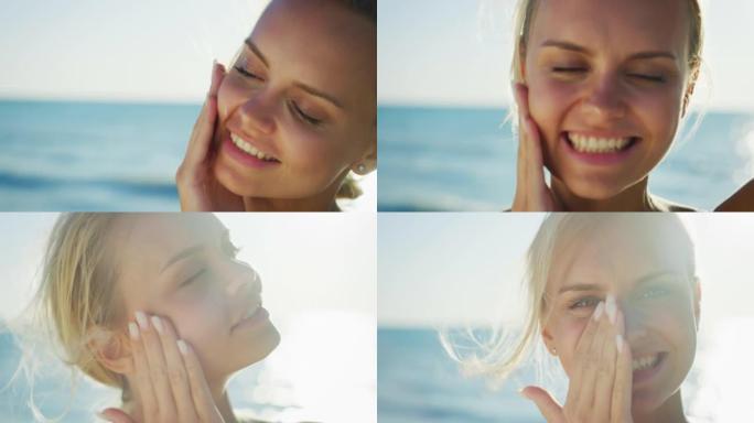 快乐的年轻金发女人的慢动作正在海滩度假期间使用防晒霜或晒黑乳液来照顾她的皮肤，并在相机中微笑。