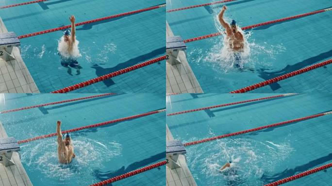 成功的男游泳运动员庆祝新的世界纪录和冠军从游泳池跳下来。职业运动员胜利。电影光线，时尚色彩的慢动作，
