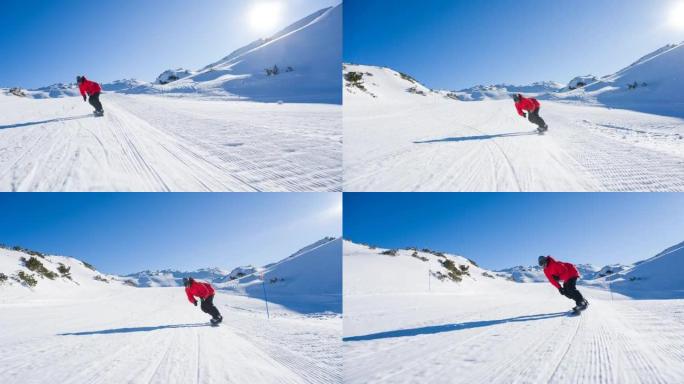 滑雪者下坡骑行，蹲下以获得更高的速度