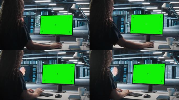 高科技数据中心服务器: 黑色女性IT专家在绿屏色度关键计算机上工作。监控网络服务、云计算、分析设施、
