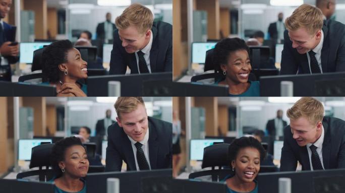 办公室、沟通和财务员工朋友谈笑风生的工作。员工，微笑和公司财务员工的多样性与幸福和计划一起工作