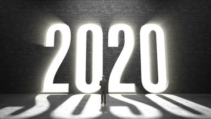 墙倒塌，“2020” 字母出现在商人面前。4k动画。